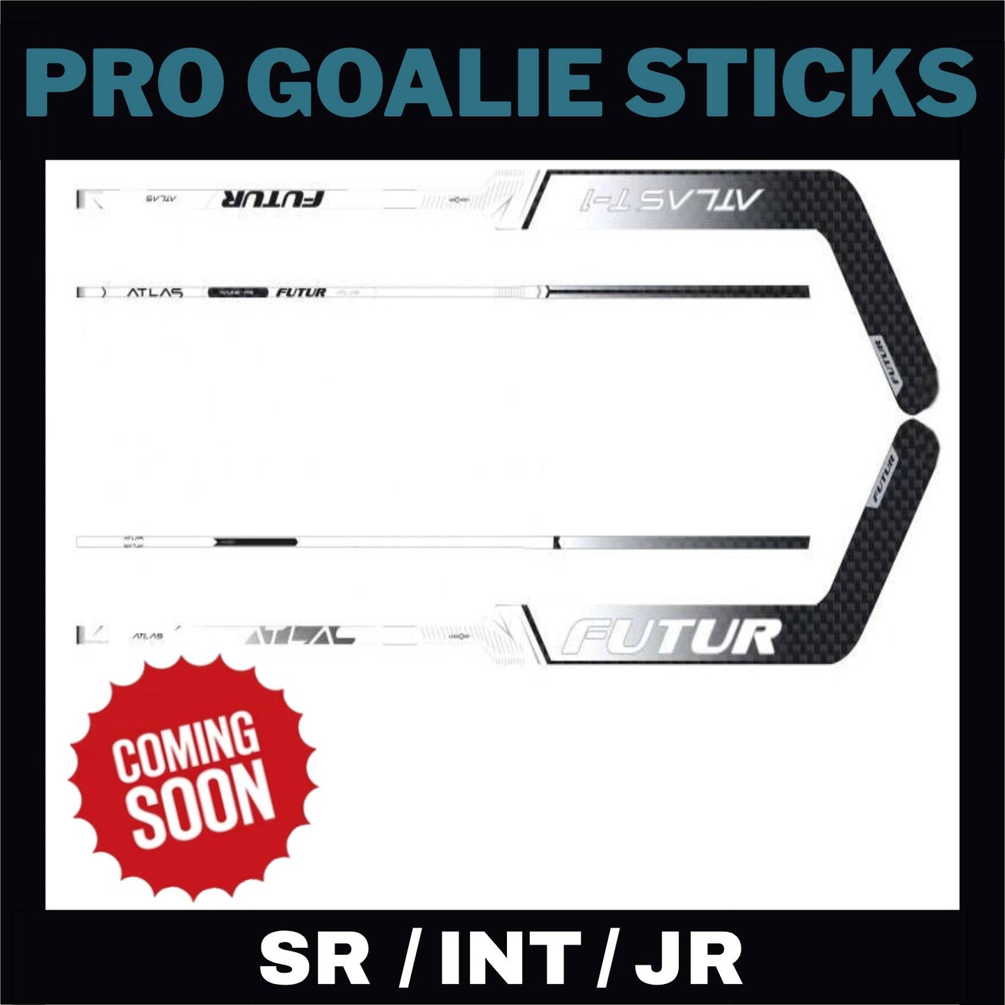 Hockey goalie sticks with 'Futur' branding and 'Coming Soon' label on a white background.